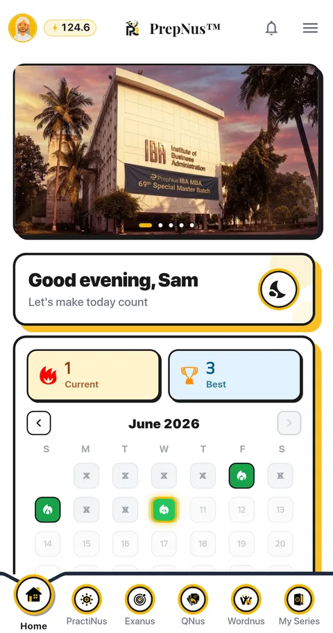 PrepNus app home screen on a real device — streak calendar, XP and exam series